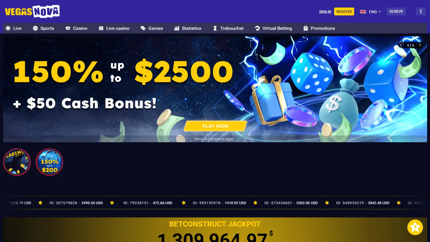 Vegas Nova Casino home interface on desktop